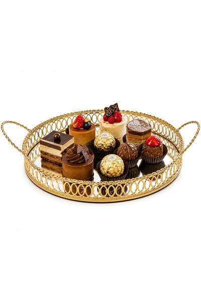 PUFO Elegant Golden tray with mirror and gold handles for serving cakes, dess...
