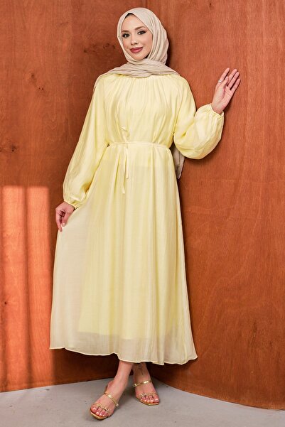 İmajButik Yellow Balloon Sleeve Waist Tie Dress