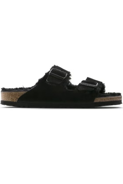 Premium Shearling Black Sandals | Suede Fur-Lined Comfort Slides