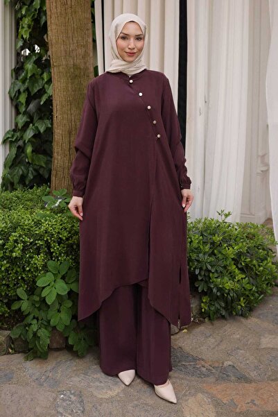 İmajButik Plum Buttoned Tunic Trouser Suit