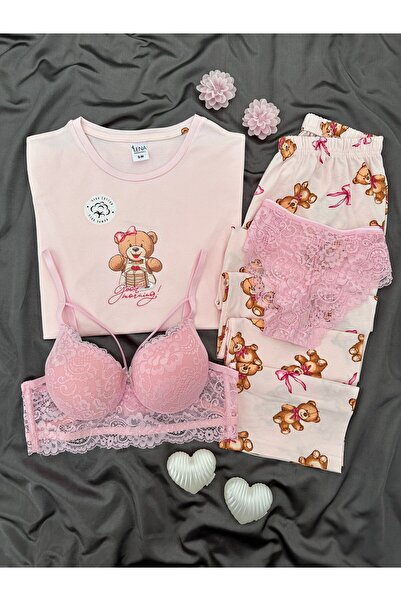 Lena Homewears Women's Patterned Cotton Short Sleeve Pajama and Underwear Set