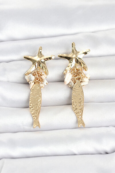 Eco Lounge Sea Star and Fish Detailed Cream Stone Gold Color Women's Earrings