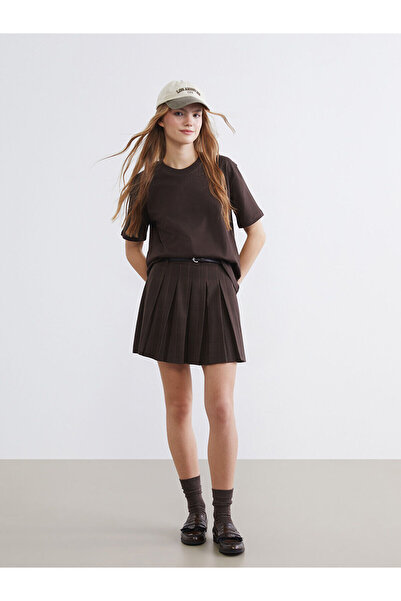 LC Waikiki Peak New Season Plaid Pleated Mini Skirt with Belt at the Waist