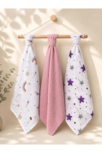 miely Çok Amaçlı İki Katlı Müslin Örtü & Battaniye 3'lü Set 80x80 cm %100 Pamuk