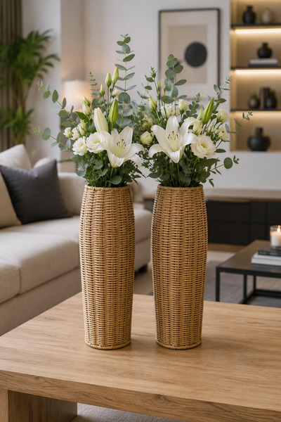Bayev 2 Pieces Favorite 9208 Rattan Long Vase Flower Pot Weave Decorative Vase