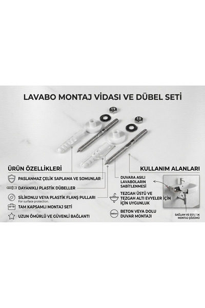 EMİRHANNALBUR Lavabo Montaj Vidası Ve Dübel Seti Paslanmaz Duvara Sabitleme S...