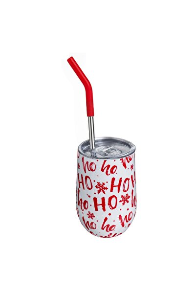 Zumzeria White Metallic Insulated Cup with White Ho Ho Print & Transparent Li...