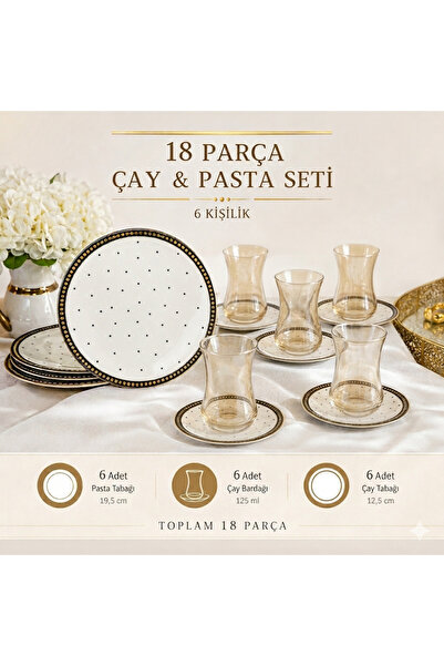 DEVADA HOME Puantiye Desenli 18 Parça Çay Pasta Takımı 6 Kişilik Çeyiz Pasta ...