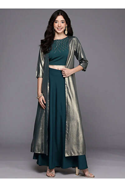 DESIQLO By Styli Green Embellished Crop Top with Skirt and Jacket Co-Ords