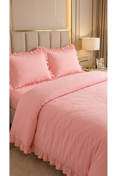 kesenegore 4 Piece Cotton Fabric Ruffled Double Duvet Cover Set with Elastici...
