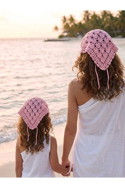 Sadem Collection El Örgüsü Kalp Motifli Bandana - Anne Kız Kombin Seti