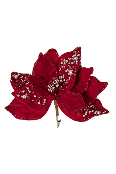 Zumzeria Floare decorativă roșie de Crăciun cu mărgele albe și cleme 24cm