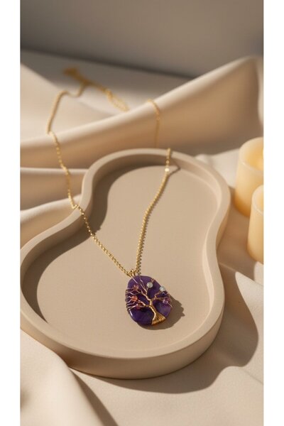 SR Jewelry Box Hayat Ağacı Doğal Taş Kolye – Mor Kristal Taşlı El Yapımı Tasa...
