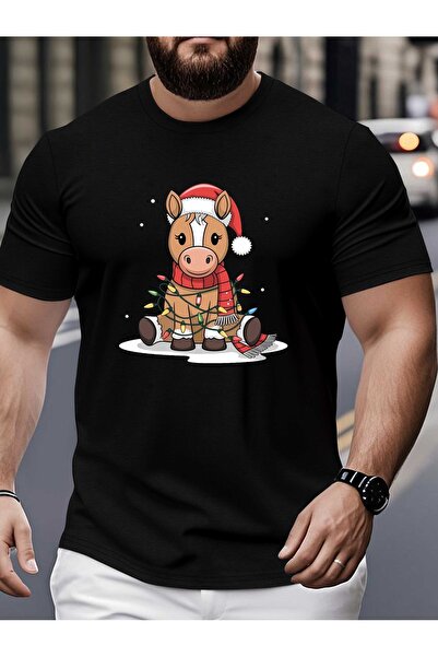 yiou trendy clothing Men's fun Christmas T-shirt, Santa hat, horse (or donkey...