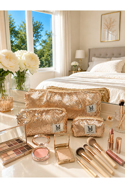 MAKE BAG GOLD BONCUK 3'LÜ SET MAKYAJ ÇANTASI