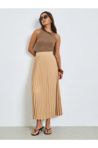 Styli Beige Pleated A-Line Midi Skirt