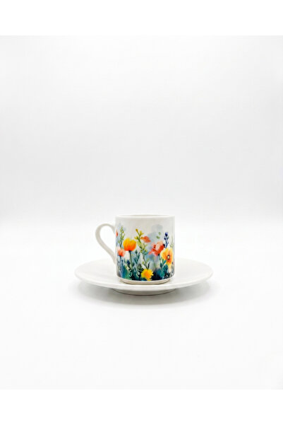 Junno Gift Lacivert & Turuncu Art Deco Desen Baskılı Tekli Kahve Fincanı