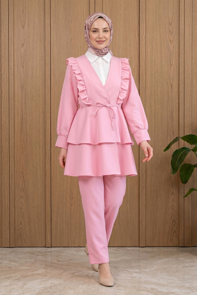 FERHEL Ruffled Belted Tunic Trousers Double Set - Pink
