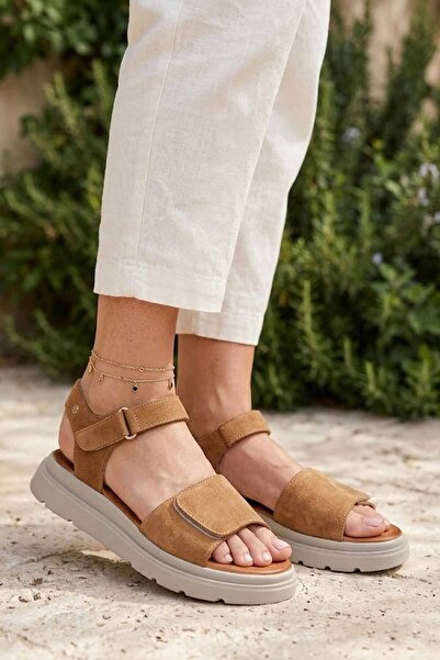 İnci Women's Genuine Suede Tan Sandals - Comfortable Sole and Velcro Casual S...