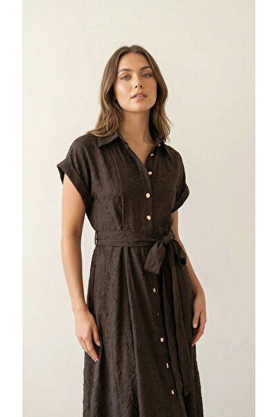 CN-G Women's Bitter Brown Special Jacquard Patterned Belted Shirt Midi Dress