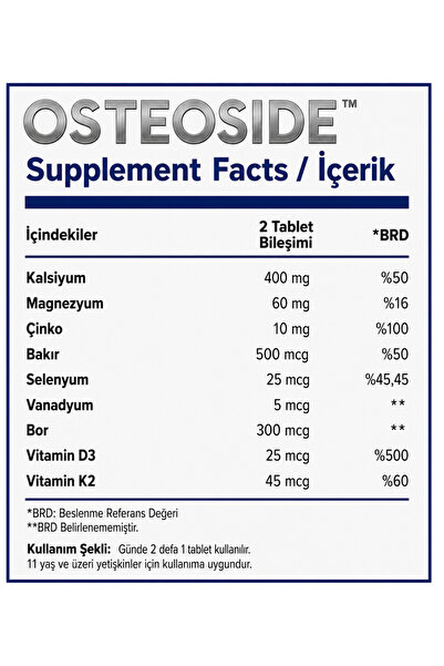 Healthy Side Osteoside Kalsiyum, Magnezyum, Çinko ve D3&K2 İçeren 60 Tablet Takviye Edici Gıda