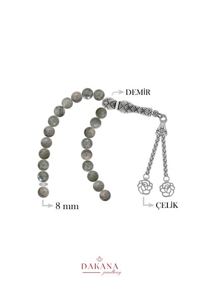 DAKANA JEWELLERY Certified 8 mm Labradorite Stone Lotus Flower Steel Tassel Natural Stone Prayer Beads