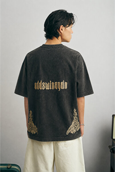 Chirkef Unisex Anthracite Oversize 100% Cotton Back and Front Printed Crew Ne...