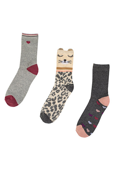 Zumzeria Gray Beige Socks with Cat Heart Pattern for Women - 3 pairs