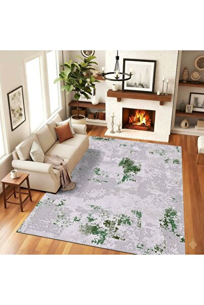 Romania Anti-Slip Rugs 120x180 cm – Abstract Grey Pattern with Green Accents