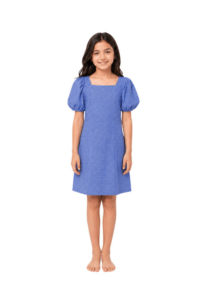 onymino Girl's Indigo Checkered Balloon Sleeve Square Neck Summer Dress