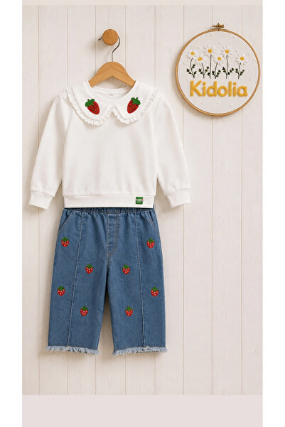 Kız Çocuk Çilek Detaylı Bebe yaka Nakışlı Kot Pantolonlu Takım