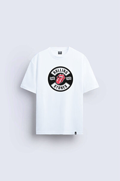 AYDESİGN Rolling Stones Printed Crew Neck White T-Shirt