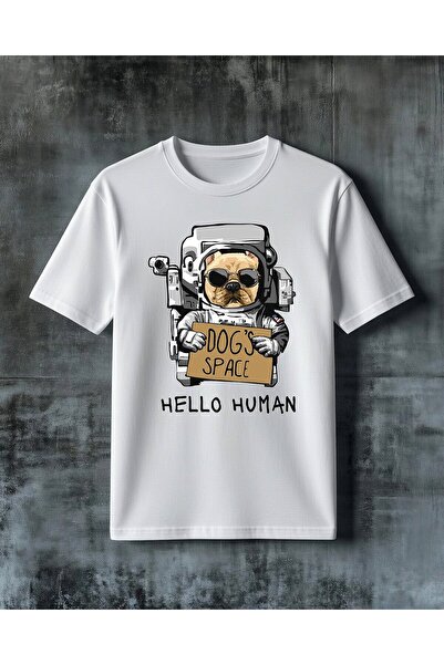 COMVİCHO Dog Space Hello Human Printed Oversize T-Shirt