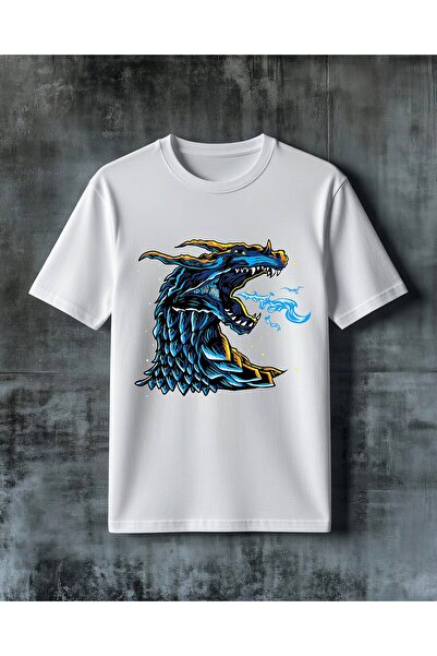 COMVİCHO تي شيرت كبير الحجم مطبوع عليه Dragon Blue Ates