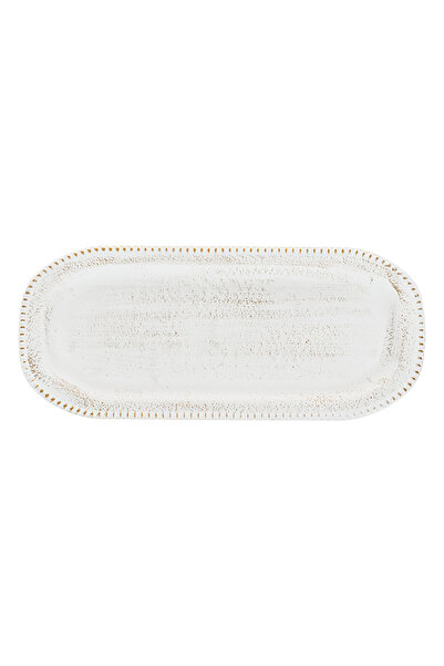 Zumzeria Decorative Oval Wooden Plate White Dots Brushed Gold 35x15cm