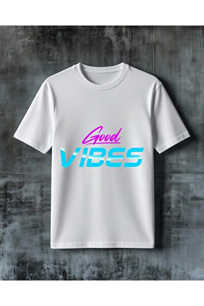 COMVİCHO تي شيرت كبير الحجم مطبوع عليه Good Vibes باللون الأزرق الماجنتا