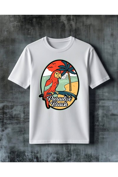 COMVİCHO Paradise Beach Papagan Red Printed Oversize T-Shirt