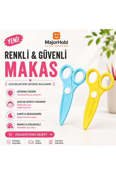 Major Hobi Children's Paper Scissors Set of 2 – Colored Scissors with Safe Ti...