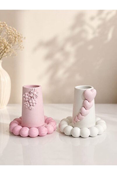 Kalp ve Çiçek Desenli Pudra Pembe Dekoratif Obje