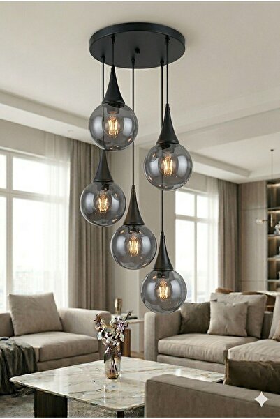 VENON Elora 5.li Sarkıt Yuvarlak ✨SİYAH ✨FÜME GLOP CAMLI ✨ Salon Avizesi Mode...