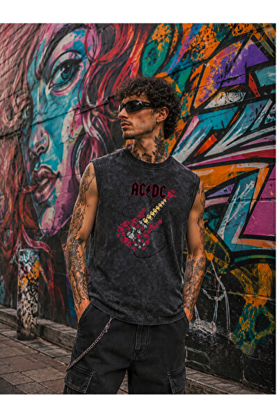 FREAK T-SHIRT تي شيرت روك مطبوع عليه AC/DC Vintage قابل للغسل بدون أكمام ومقا...