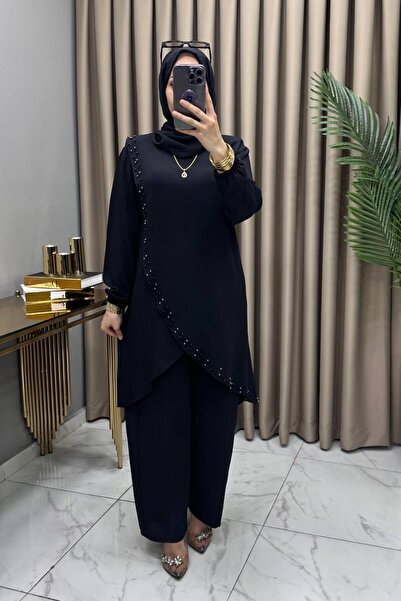 mercan moda ZÜBEYDE TAKIM siyah İthal Aeobin Kumaş taş detaylı tessetür takım