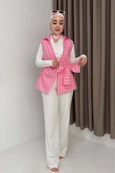 Raneel Kazançlı Alışveriş Women's shirt collar waist tie sleeveless blouse pink
