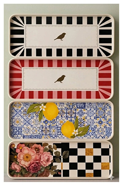 ZeDesign 4 Pieces Patterned Rectangular Coffee Presentation Tray - Stylish De...