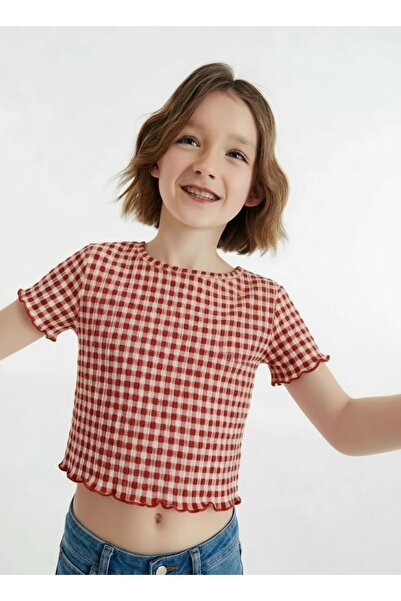 Tinymuyt Kız Çocuk Crop Krinkıl Tshirt Pötükare Bordo