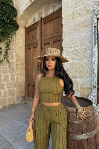Jaglion New Season Summer Ribbed Fabric Crew Neck Ruffle Top and Pants Set