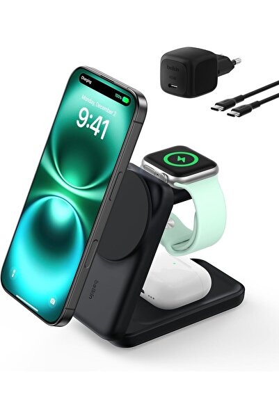 Belkin UltraCharge MagSafe Uyumlu 3’ü 1 Arada Qi2 25W Kablosuz Şarj Cihazı, i...