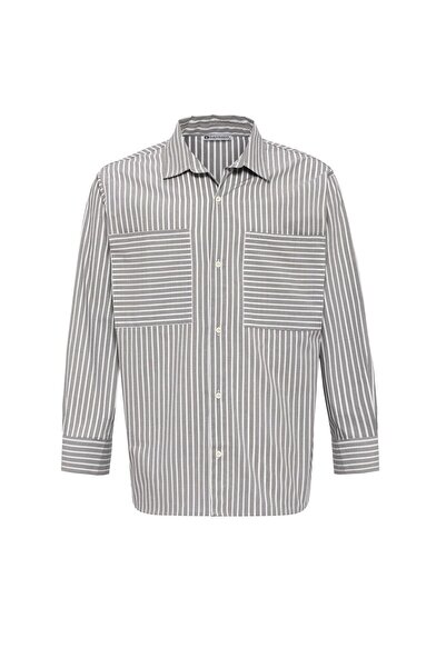 S13 Store Çizgili Uzun Kol Çift Cepli Oversize Gömlek