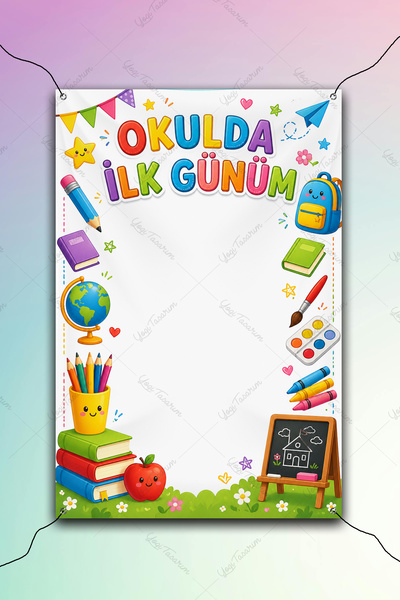 Yogi Tasarım Okulda İlk Günüm Temalı Beyaz Fotoğraf Çekim Afişi Dikey 100x150cm