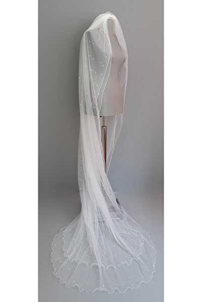 Suzanna Moda Fildişi Krem 2,20 mt 20cm Boy 2 Kat İncili Kenarları Misinalı Hayal Tül Gelin Duvağı